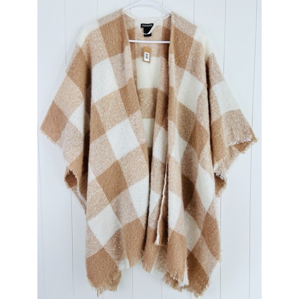 NWT *Steve Madden* Tan & White Plaid Ruana Shawl Topper Fringe Cape One Size